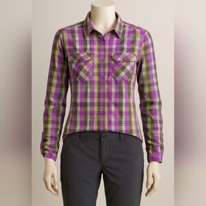 The North Face Women’s Lightweight Plaid Button-Up Hiking Shirt – Purple/Green